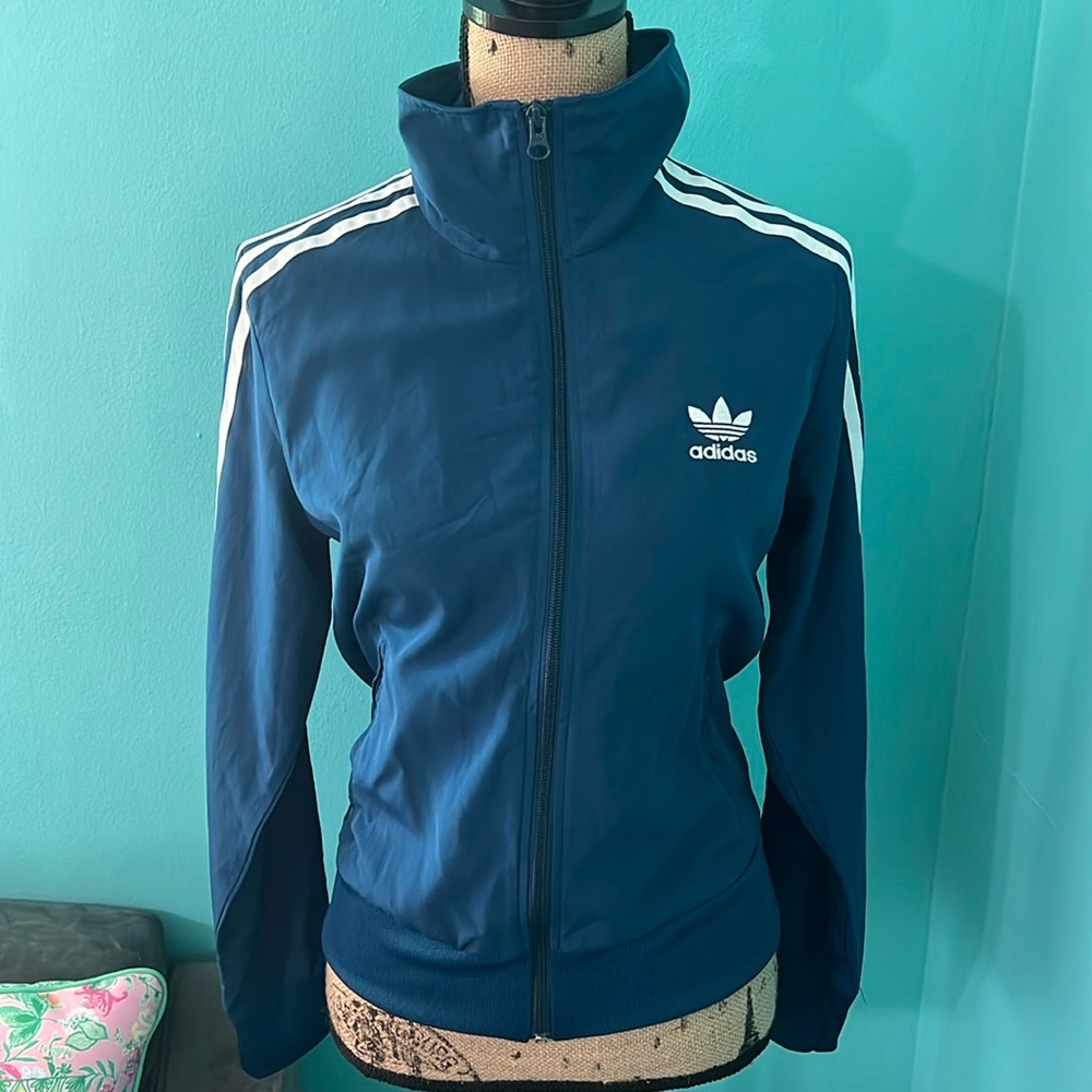 #61 Adidas Originals Floral Logo Back Teal Full Zip Jacket S